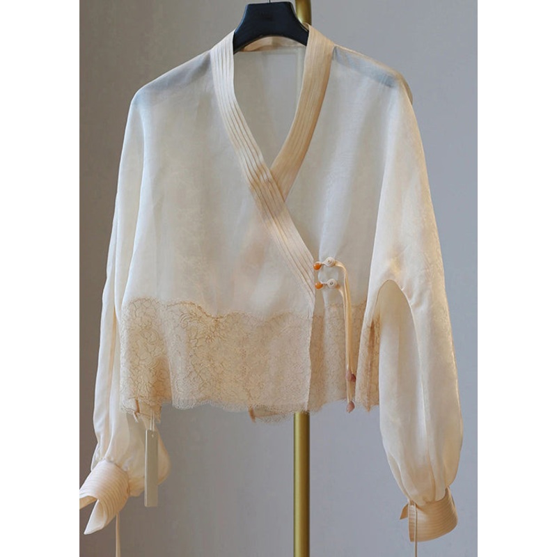Women Apricot V Neck Tasseled Patchwork Tulle UPF 50+ Coat Summer