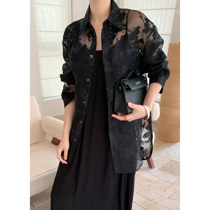 Women Black Peter Pan Collar Print Patchwork Chiffon Shirt Fall