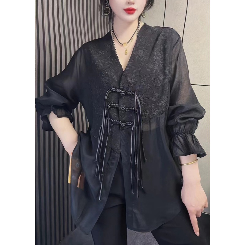 Women Black Tasseled Chinese Button Patchwork Chiffon Shirt Tops Fall