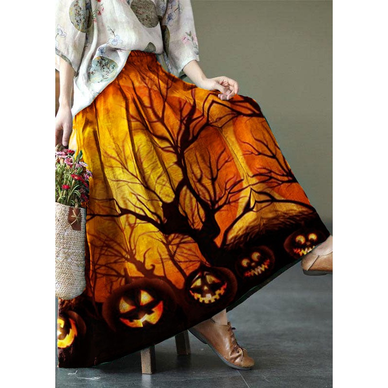 Women Brown-tree Print Ramie Elastic Waist Skirt