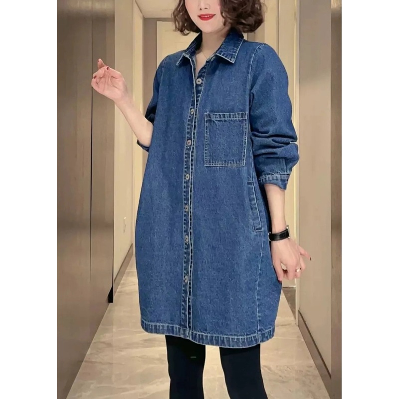 Women Denim Blue Pockets Patchwork Button Coat Fall