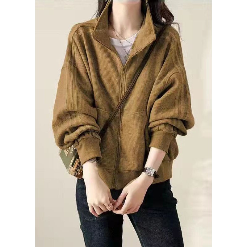 Women Khaki Zip Up Pockets Patchwork Cotton Coat Fall