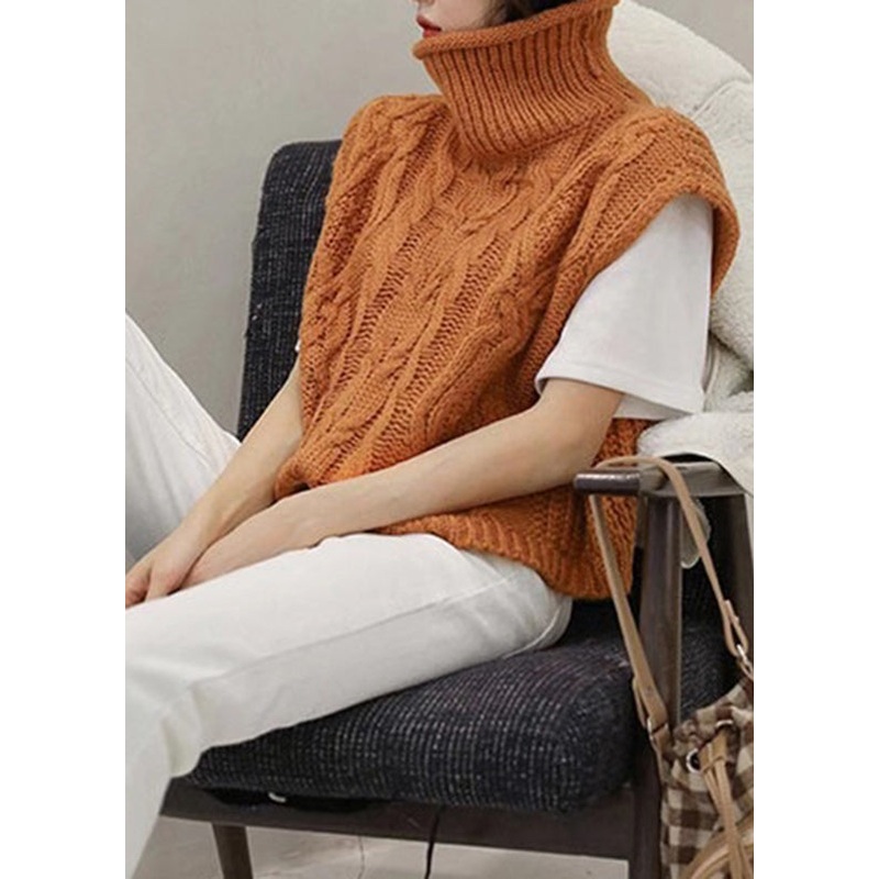 Women Orange Turtleneck Knit Cardigans Short Sleeve