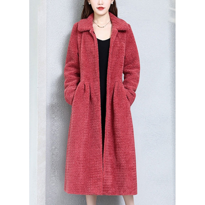 Women Watermelon Red Wrinkled Pockets Teddy Faux Fur Coats Long Sleeve