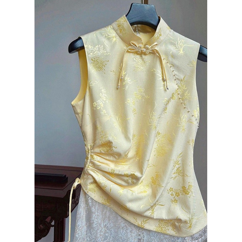 Women Yellow Stand Collar Print Drawstring Silk Waistcoat Sleeveless