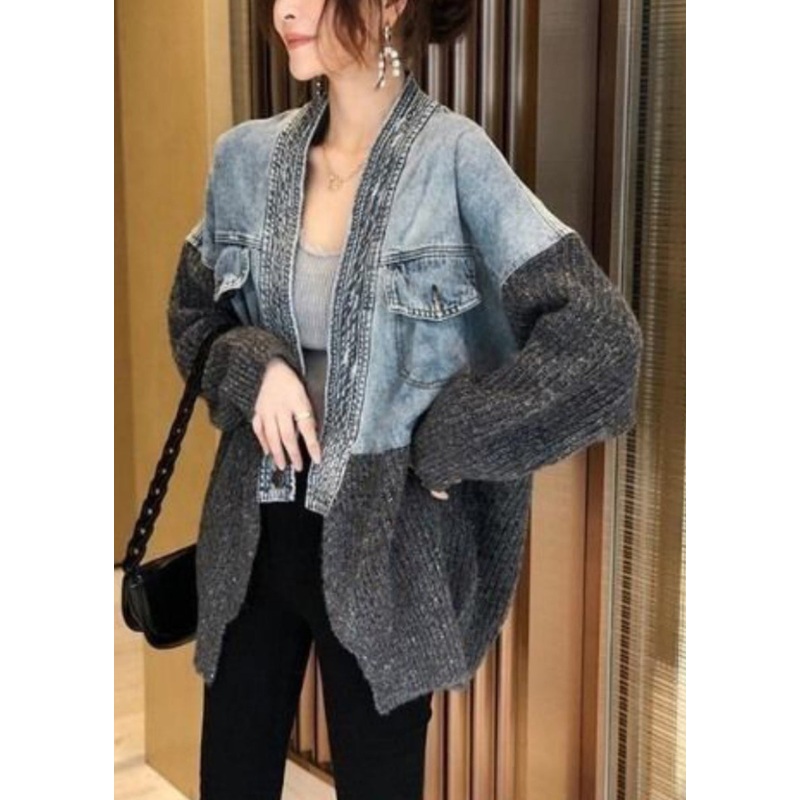 2023 Autumn Winter New Loose Fit Denim Spliced Knitted Cardigan Coat