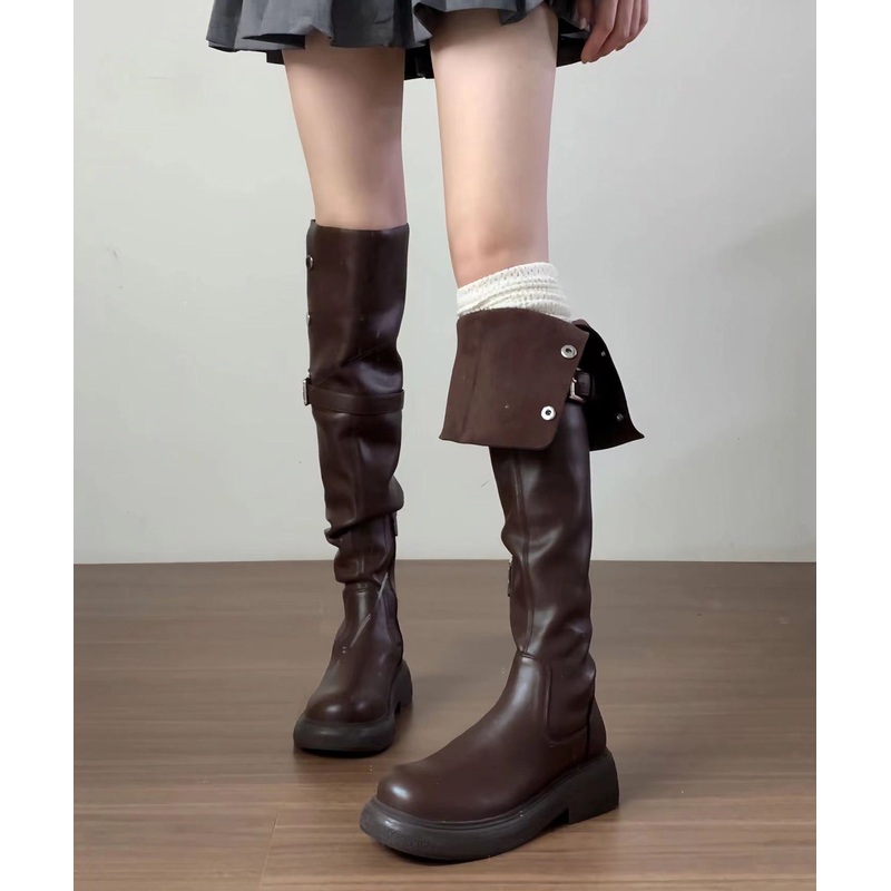 2025 New Versatile Brown Faux Leather Splicing Knee Boots