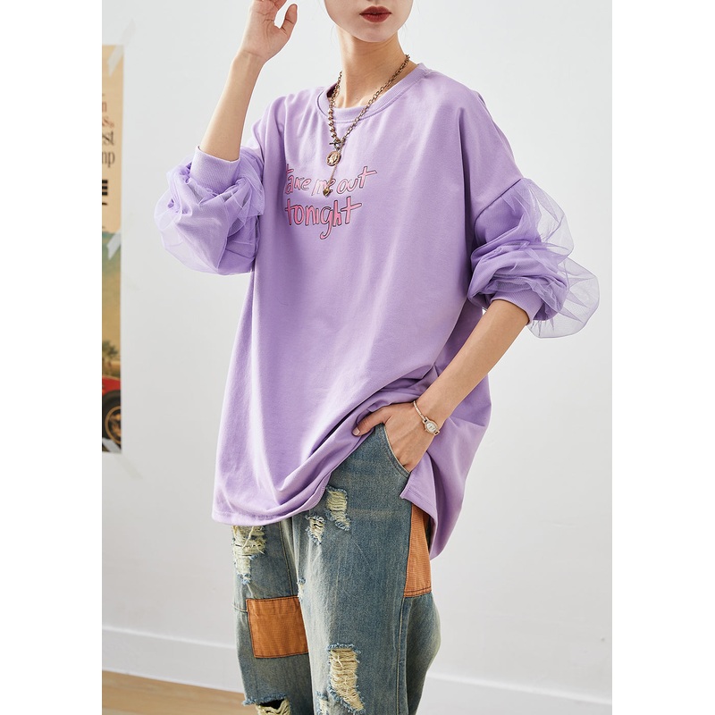 Art Purple Oversized Patchwork Cotton Pullover Streetwear Fall