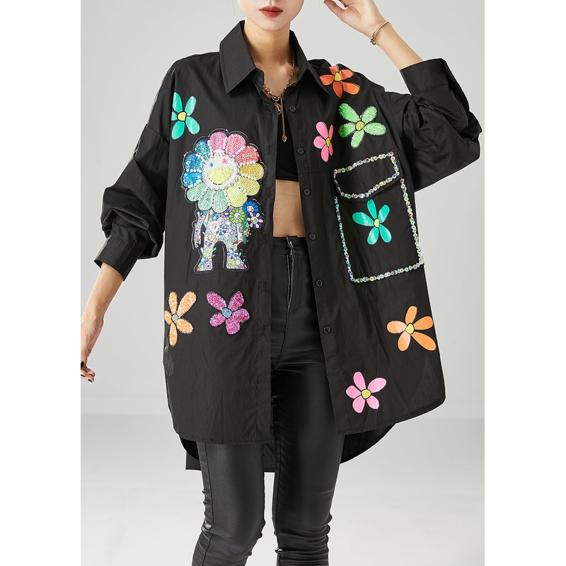 Beautiful Black Oversized Sunflower Sequins Cotton Blouses Fall