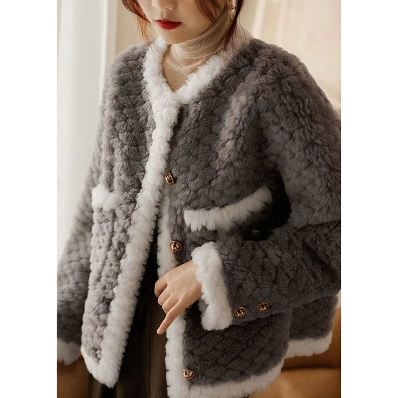 Beautiful Grey O Neck Pockets Patchwork Wool Coat Winter