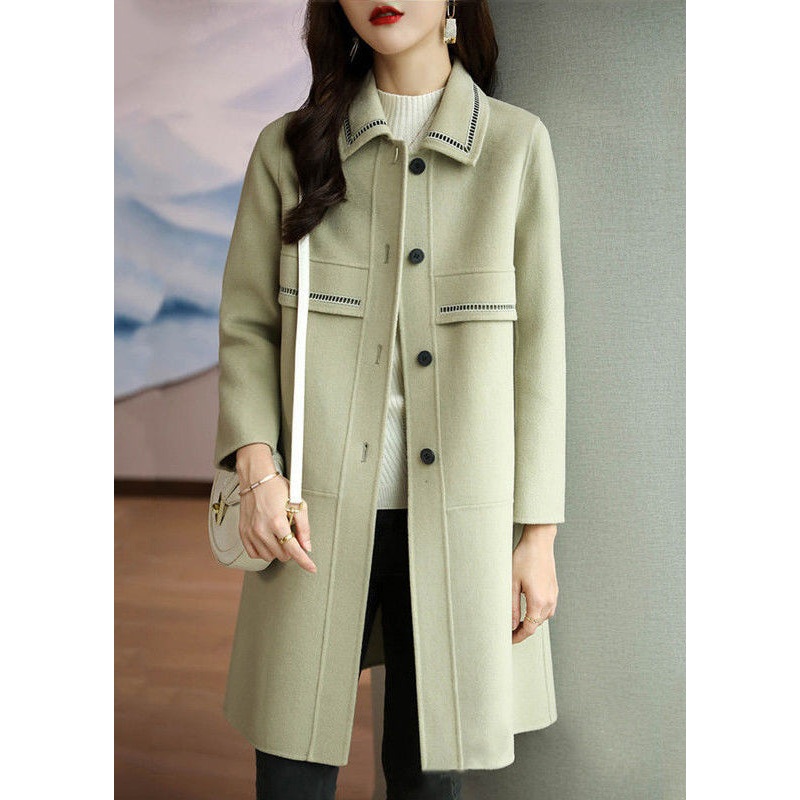 Beautiful Light Green Peter Pan Collar Button Patchwork Woolen Coat Winter