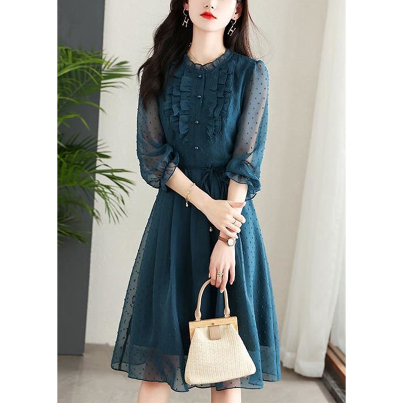 Beautiful Navy Ruffled Tie Waist Patchwork Chiffon Dress Summer