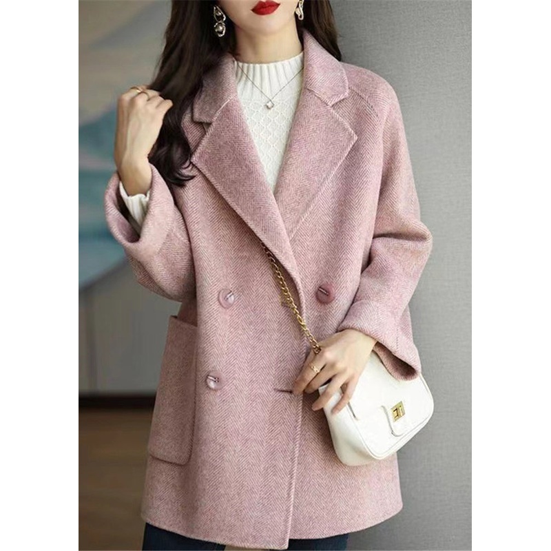 Beautiful Pink Double Breast Pockets Patchwork Woolen Coats Winter