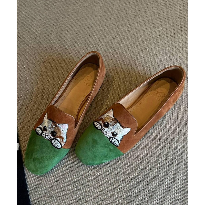 Beautiful Splicing Penny Loafers Brown Suede Embroidered