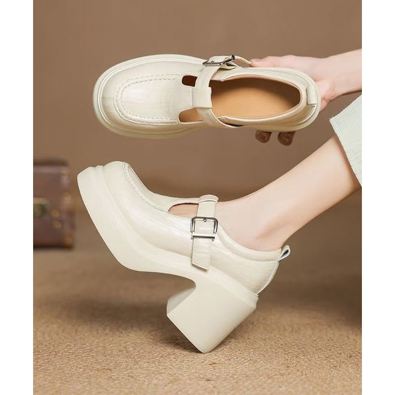 Beige Sheepskin Chunky Heel Loafers Women Splicing Buckle Strap