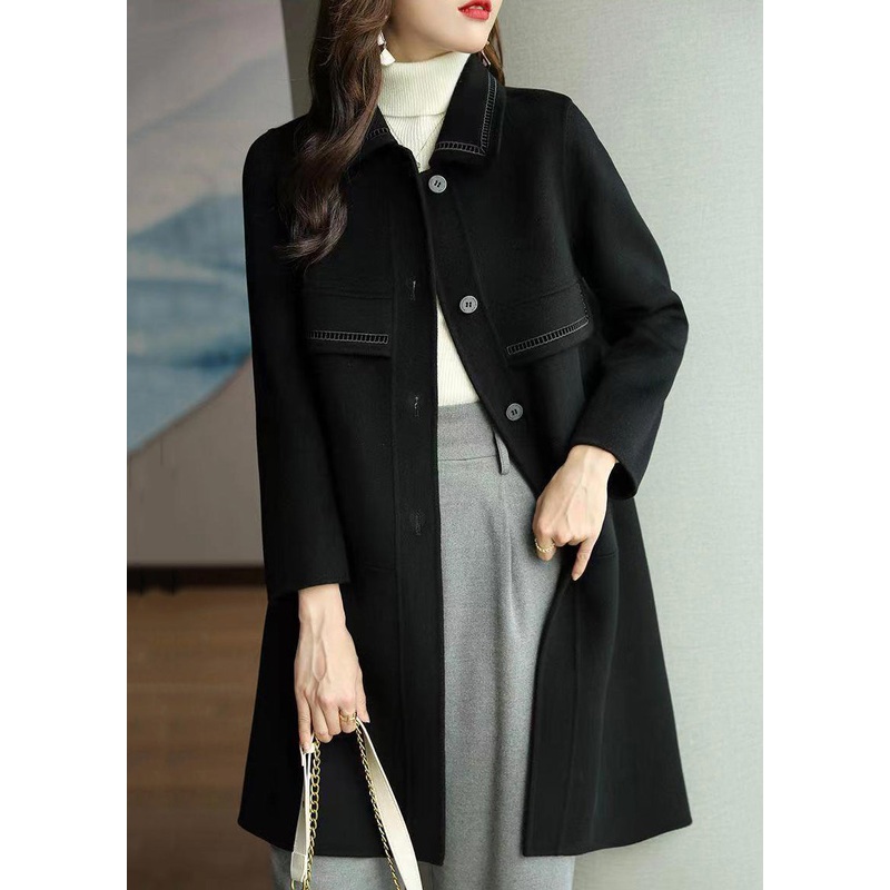 Black Pockets Patchwork Woolen Coats Peter Pan Collar Long Sleeve