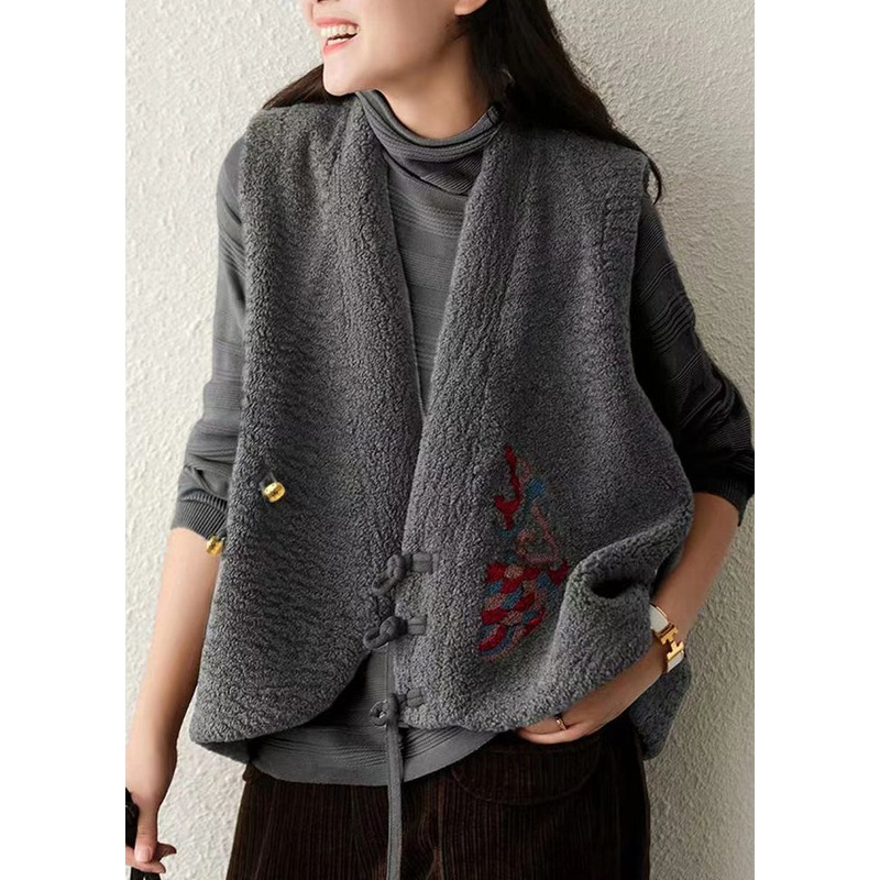 Boho Grey V Neck Chinese Button Patchwork Wool Vest Sleeveless