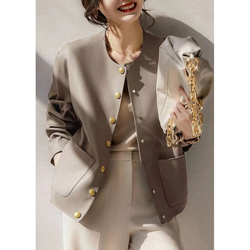 Boutique Grey O Neck Pockets Patchwork Sheepskin Coats Fall