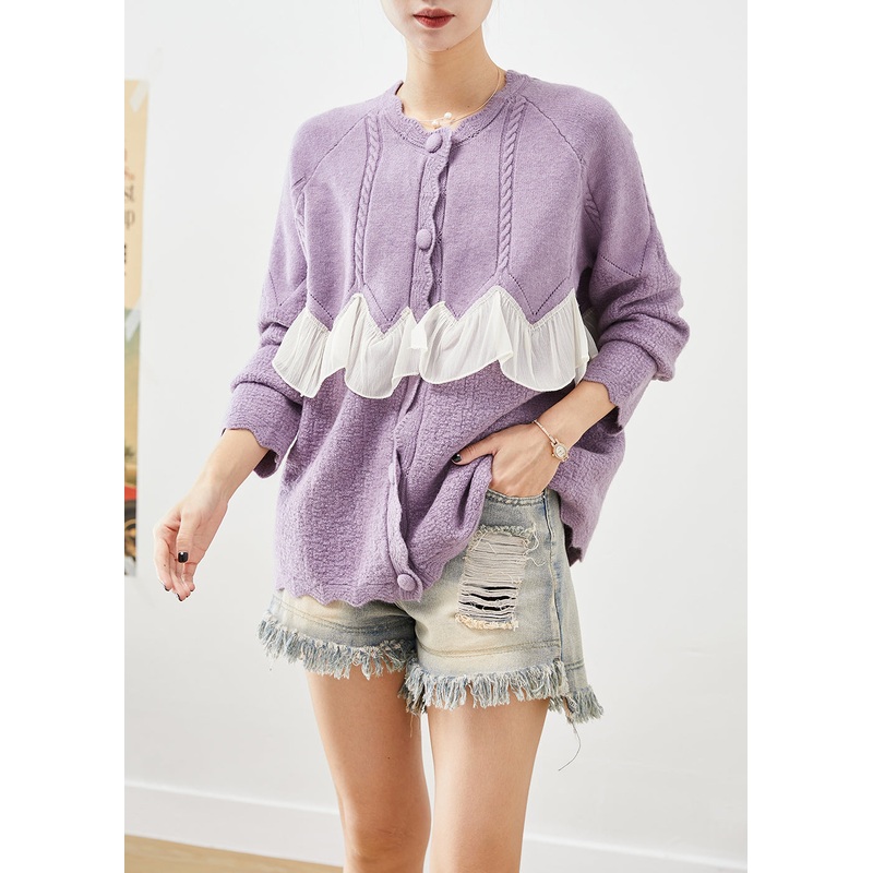 Boutique Purple Ruffled Patchwork Knit Coats Fall