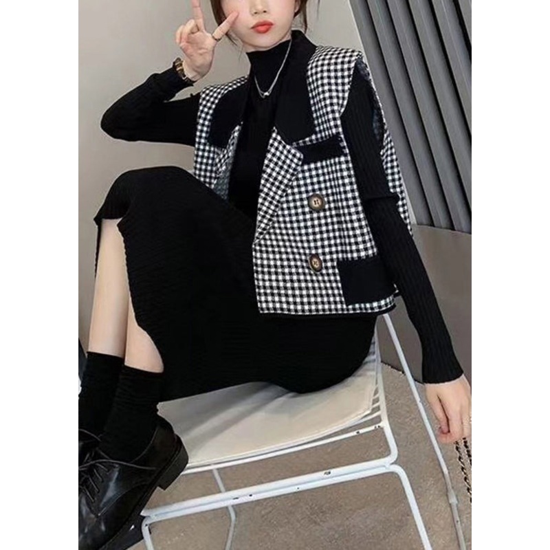 Boutique Small Plaid Peter Pan Collar Patchwork Knit Vest Sleeveless