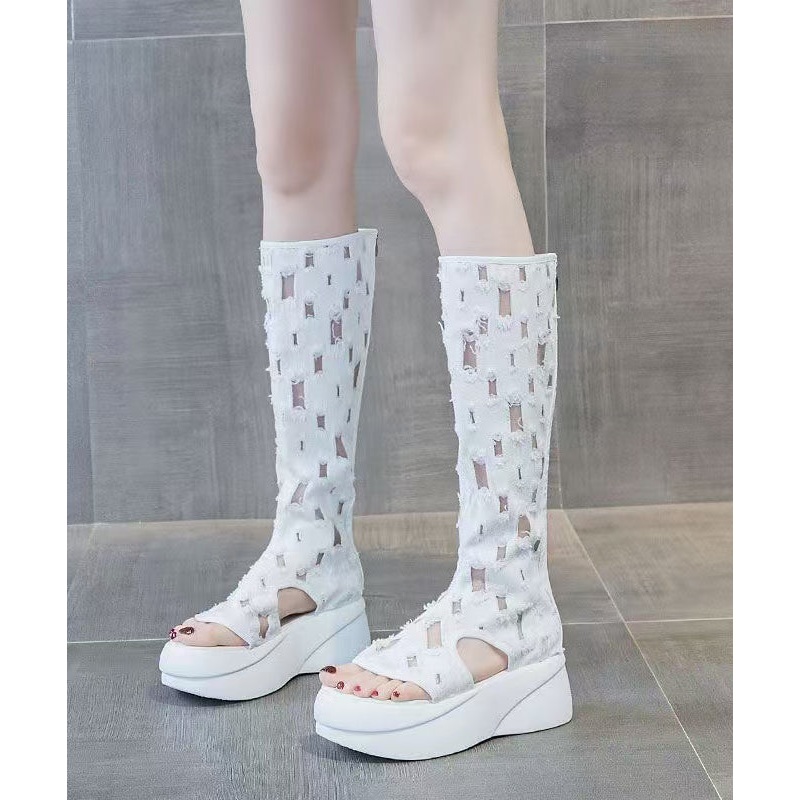 Boutique Splicing Platform Boots Peep Toe White Denim Fabric