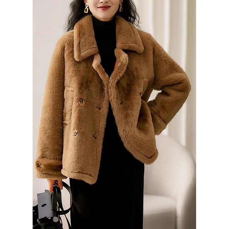 Brown Patchwork Wool Coat Outwear Peter Pan Collar Button Winter