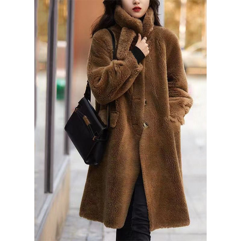 Camel Pockets Patchwork Wool Trench Stand Collar Button Winter