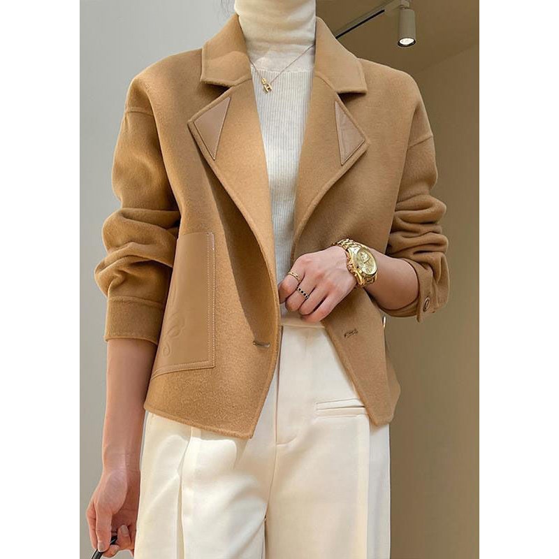 Camel Pockets Patchwork Woolen Coat Button Long Sleeve