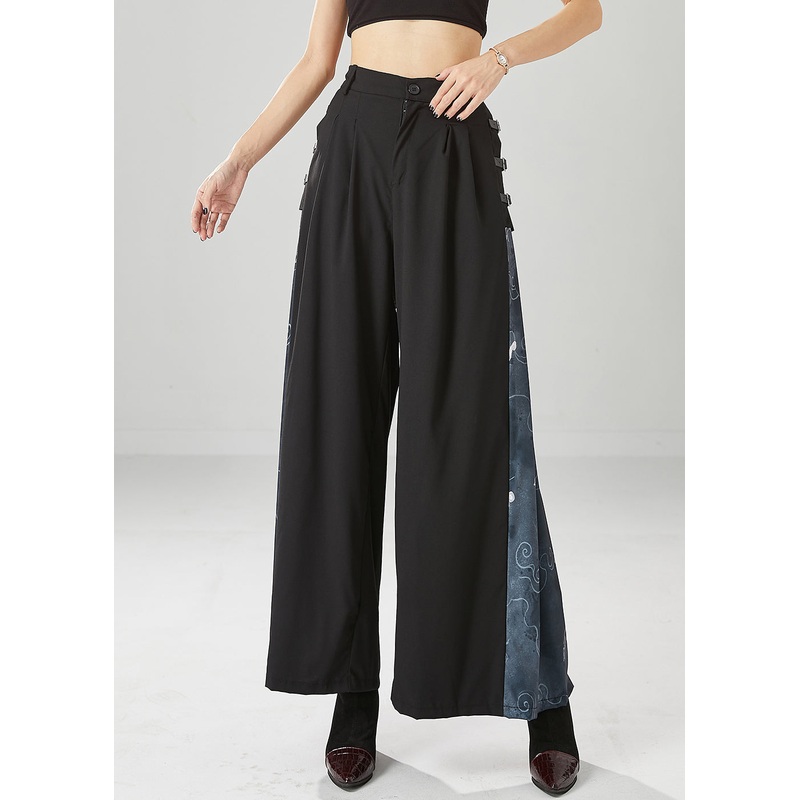 Casual Black High Waist Patchwork Spandex Wide Leg Pants Fall