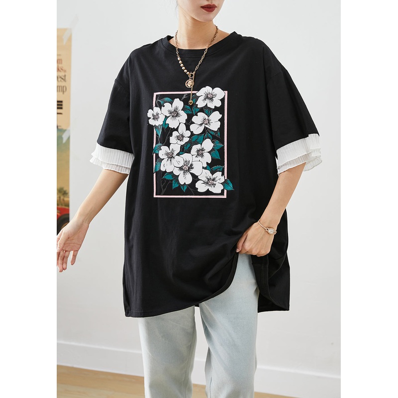 Casual Black Ruffled Patchwork Print Cotton Tanks Summer