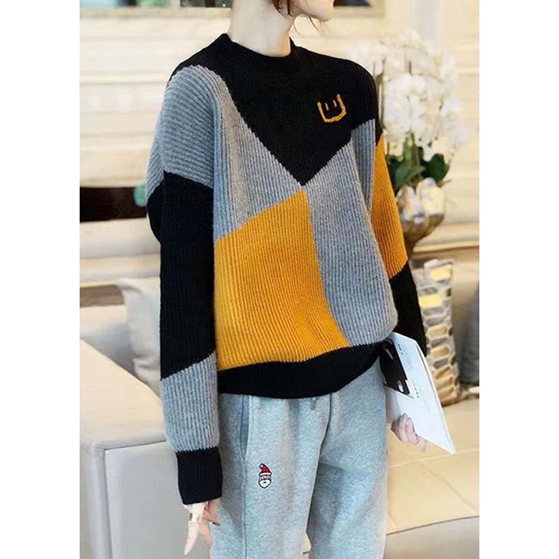 Casual Colorblock O Neck Thick Patchwork Knit Sweaters Fall