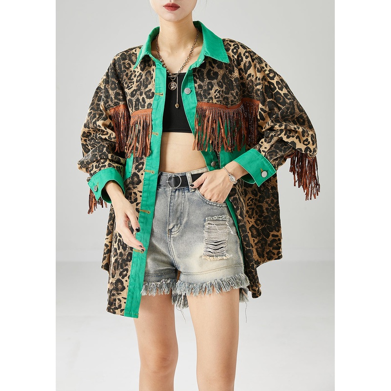 Casual Green Tasseled Patchwork Leopard Print Cotton Coats Fall