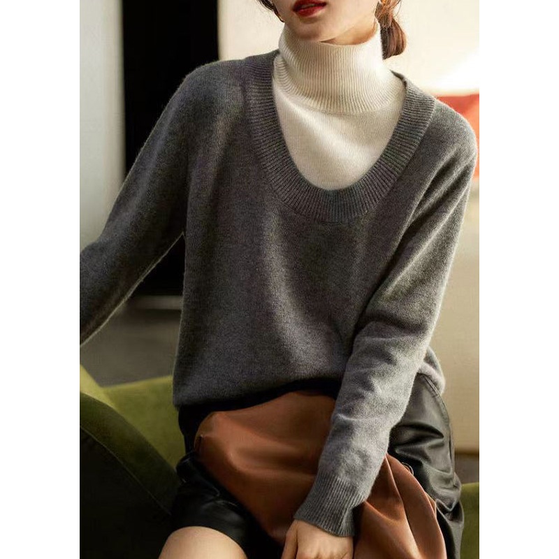 Casual Grey Hign Neck Thick Patchwork Woolen Knit Pullover Fall
