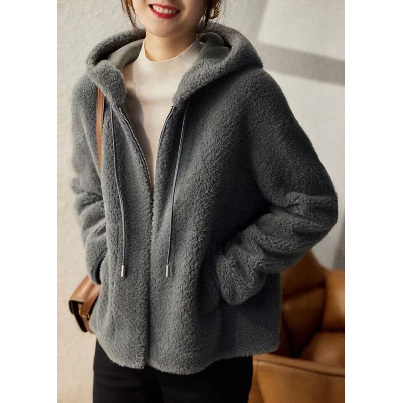 Casual Grey Hooded Pockets Patchwork Woolen Coats Winter