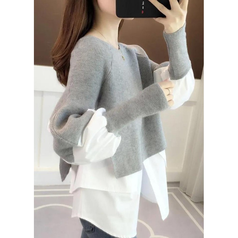 Casual Grey O Neck False Two Pieces Patchwork Knit Sweater Top Fall