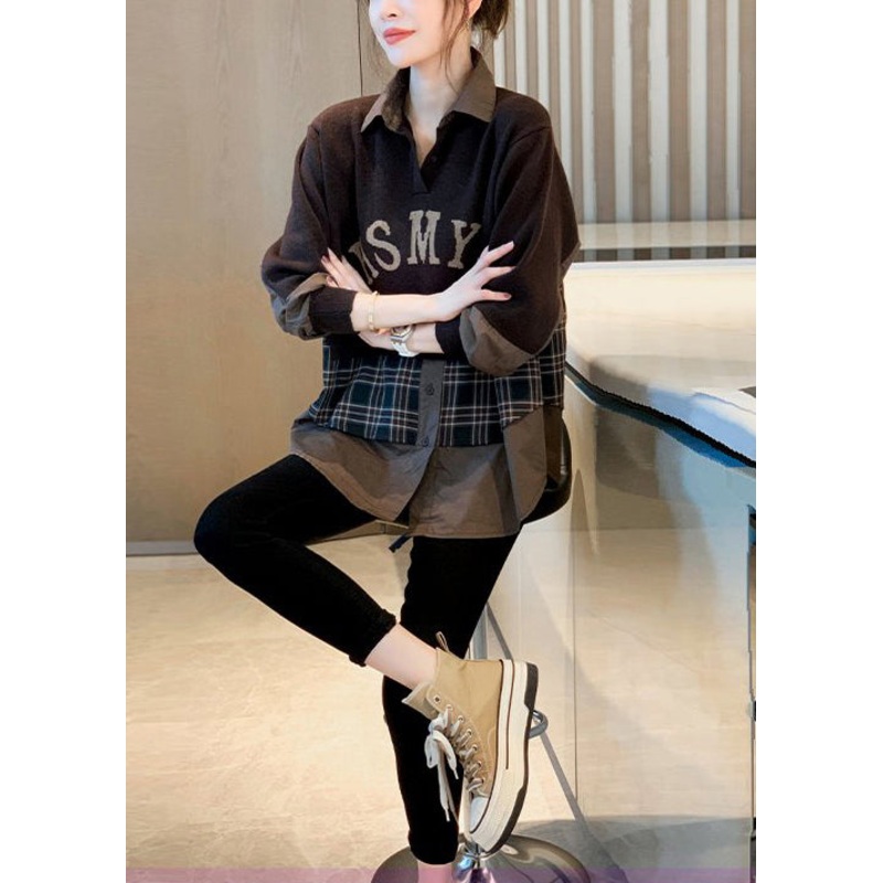 Casual Loose Brown False Two Pieces Patchwork Cotton Shirt Top Fall