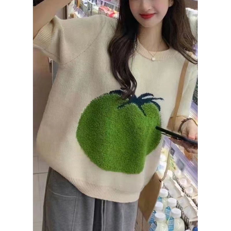 Casual White O Neck Thick Print Knit Sweaters Top Half Sleeve