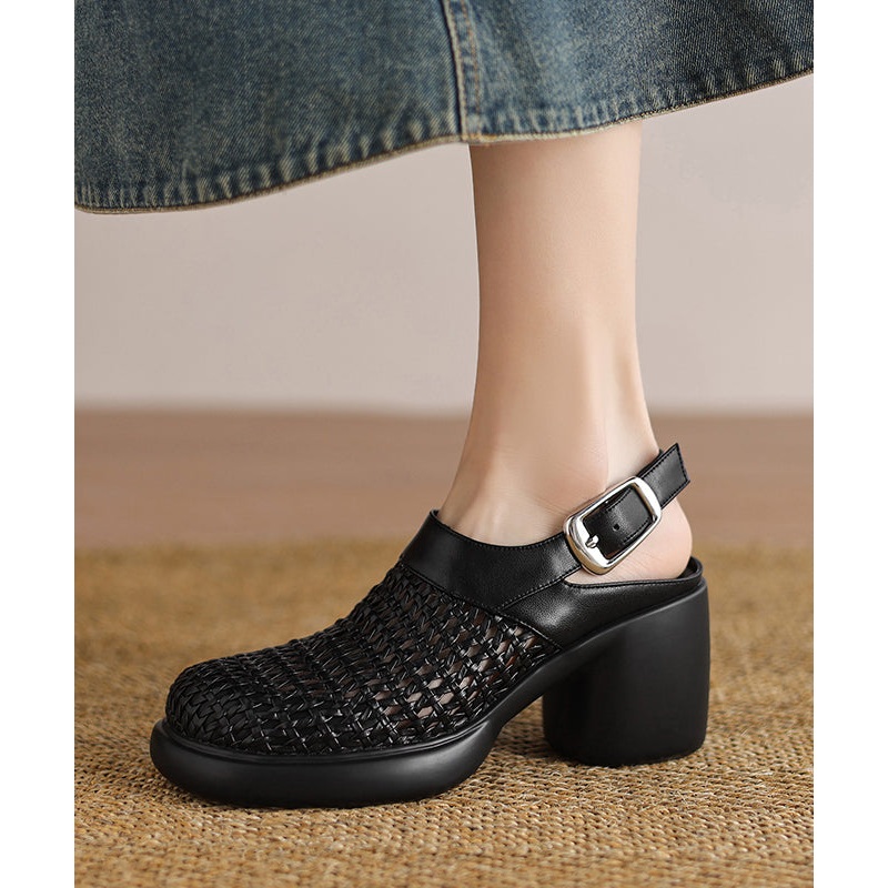 Chic Black Chunky Heel Faux Leather Sandals Hollow Out