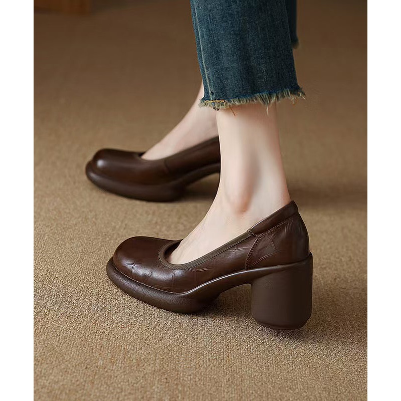 Chic Comfy Brown Cowhide Leather Embossed Loafer Shoes