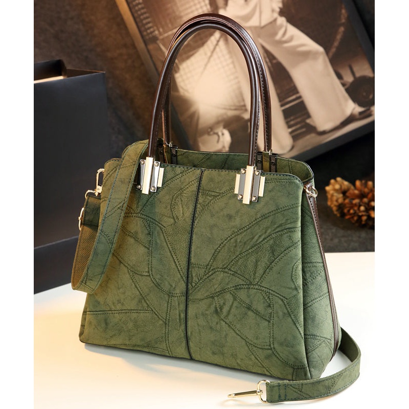 Chic Green Jacquard Large Capacity Faux Leather Tote Handbag