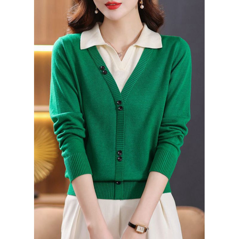 Chic Green Peter Pan Collar False Two Pieces Patchwork Knit Sweaters Fall