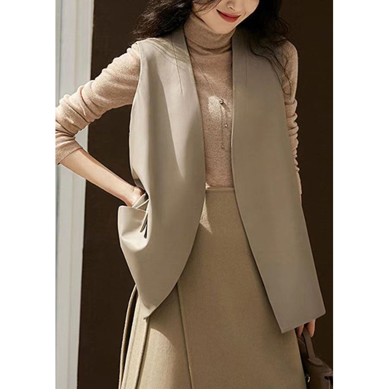 Chic Grey V Neck Patchwork Sheepskin Vest Sleeveless