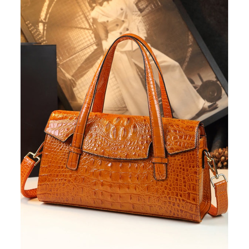Chic Orange Alligator Pattern Faux Leather Tote Handbag
