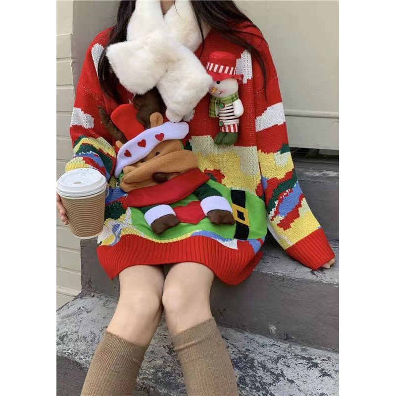 Christmas Themed Elk Sweater Women Red With Loose And Lazy Style