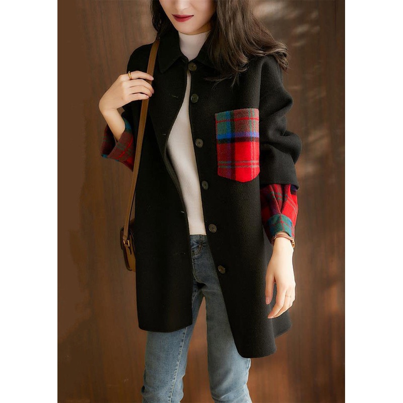 Classy Black Peter Pan Collar Button Patchwork Woolen Coat Fall