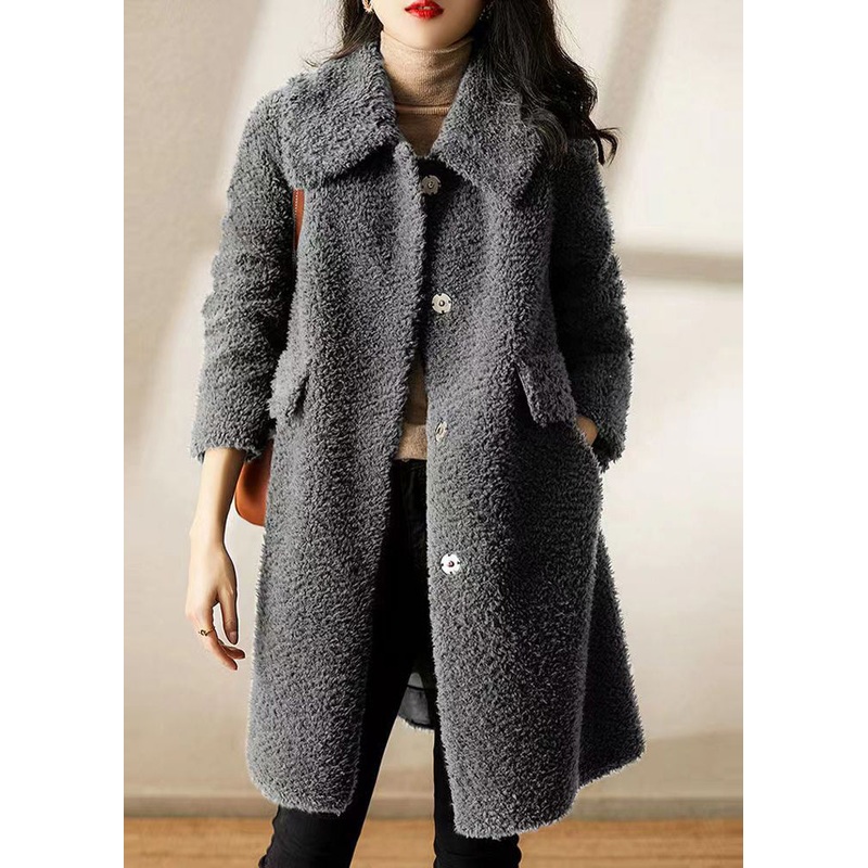 Classy Grey Peter Pan Collar Pockets Patchwork Wool Trench Winter