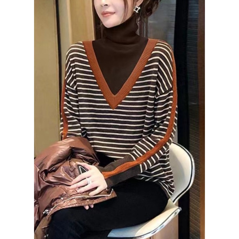 Classy Striped Hign Neck Patchwork Knit Sweaters Tops Fall