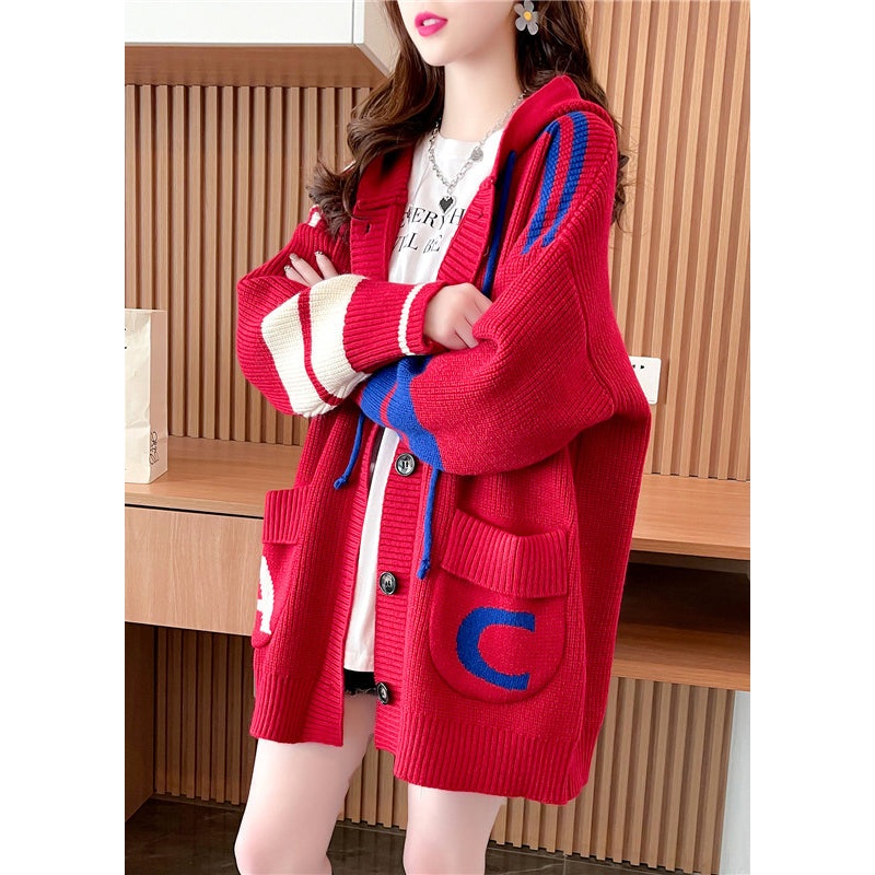 Cozy Red Hooded Pockets Button Patchwork Knit Cardigans Coat Fall