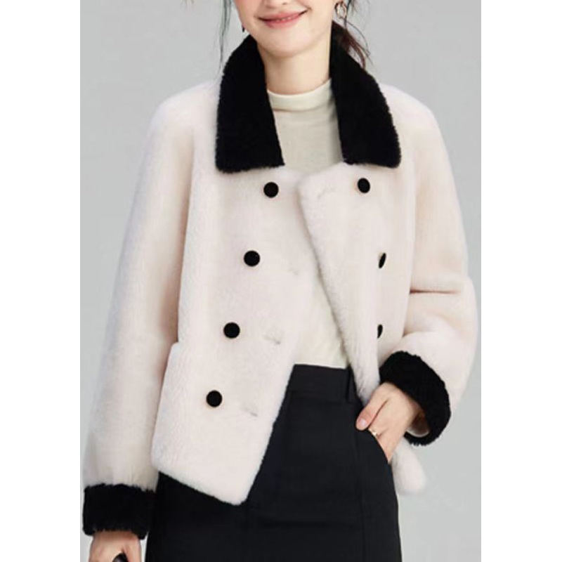 Elegant Beige Peter Pan Collar Pockets Patchwork Wool Outwear Winter