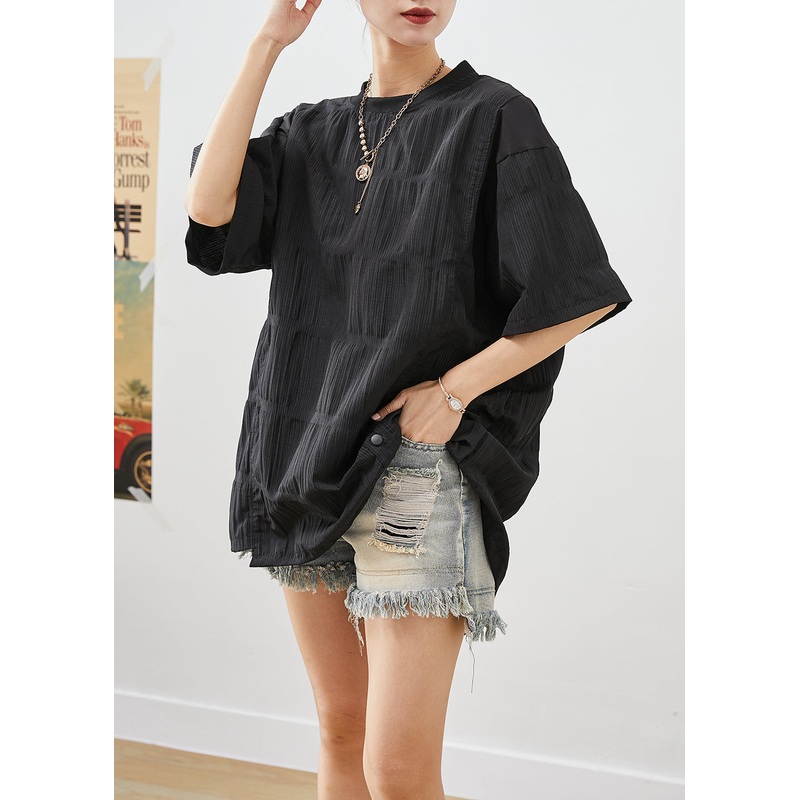 Elegant Black Asymmetrical Wrinkled Cotton Tank Tops Summer